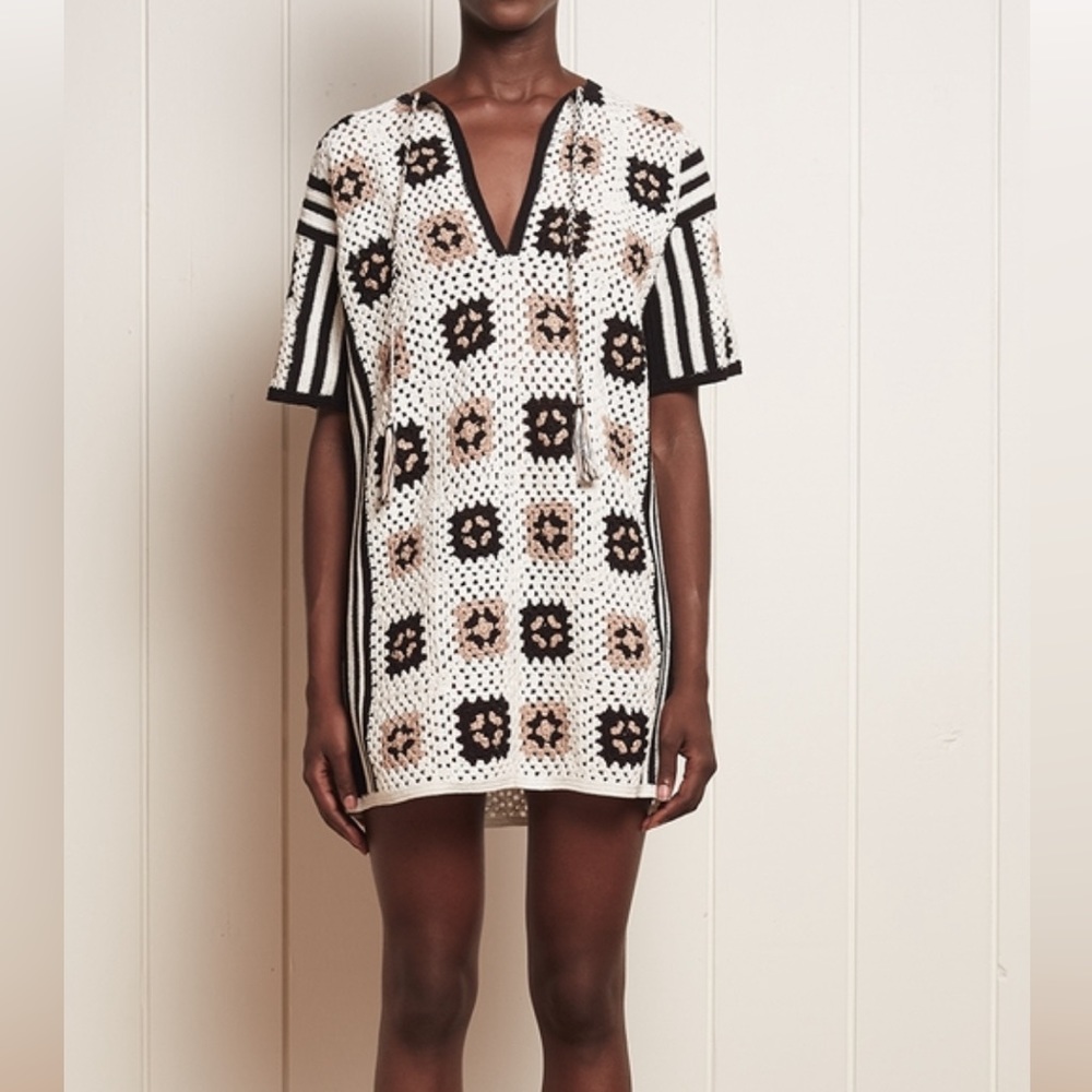NWT Eleven Six Knit Tia Cotton Crochet Tunic Dress XS / S, White Black Brown